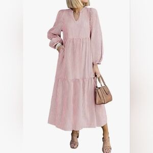 Nenona Red & White Striped Maxi Dress – Casual V-neck Flowy Dress, S